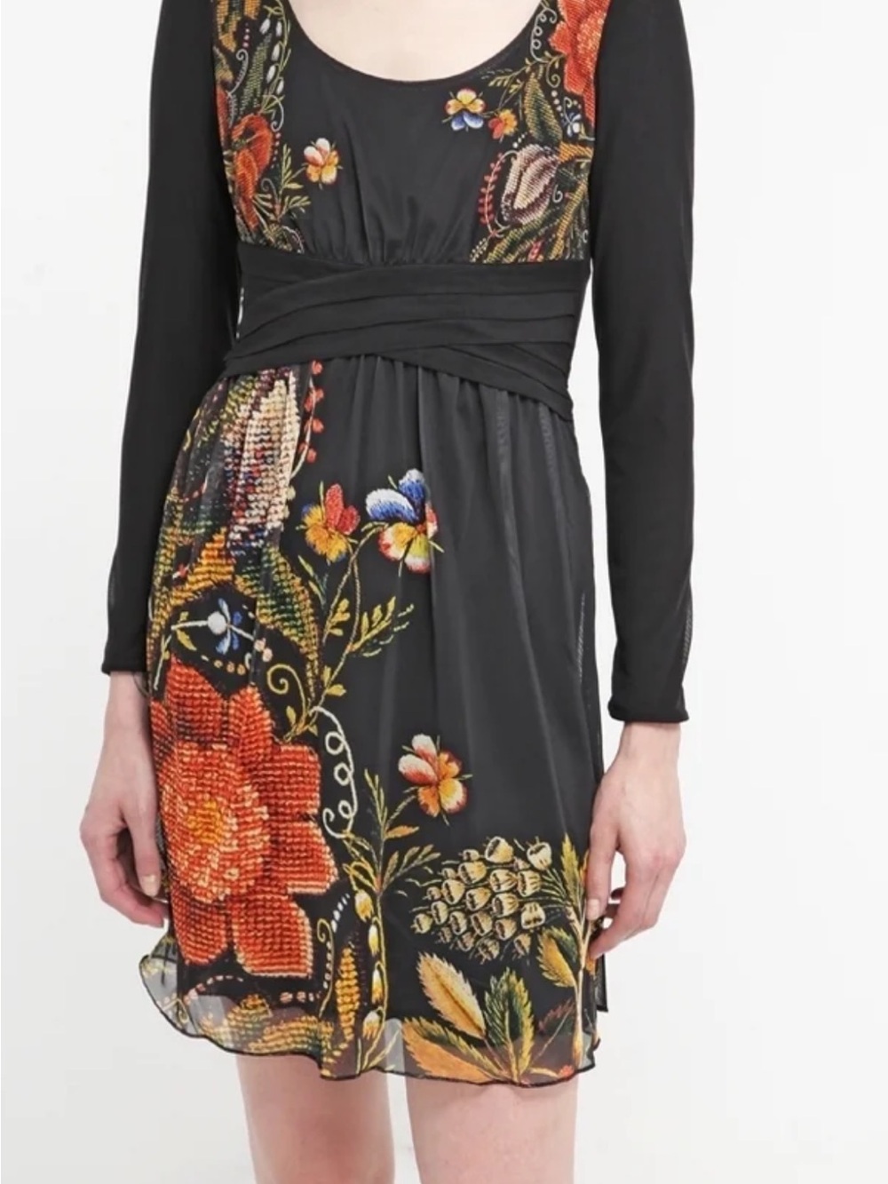 Desigual Black Long-Sleeve Floral Embroidered Dress